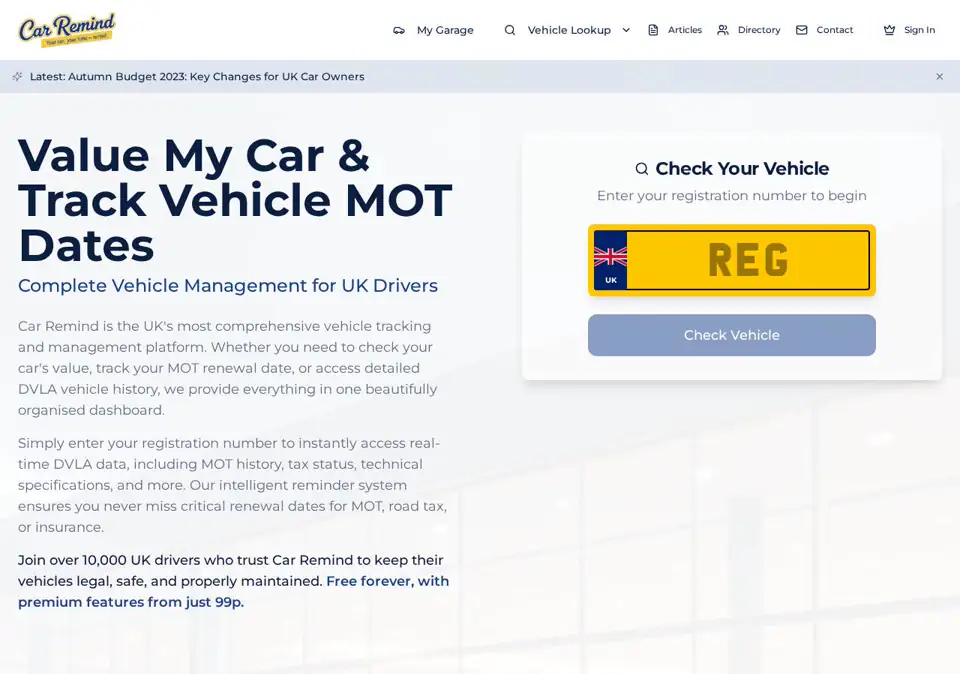 Car Remind live website preview